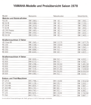 Preisliste Saison 1978